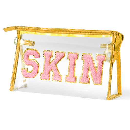 AsodSway Pink SKIN Cosmetic Bag - Varsity Patch SKIN Letter Spring Cosmetic Bag Classy Waterproof Portable Transparent Gold Frame PVC Zipper Clutch Bag Summer Travel Party Makeup Bag for Women Girls