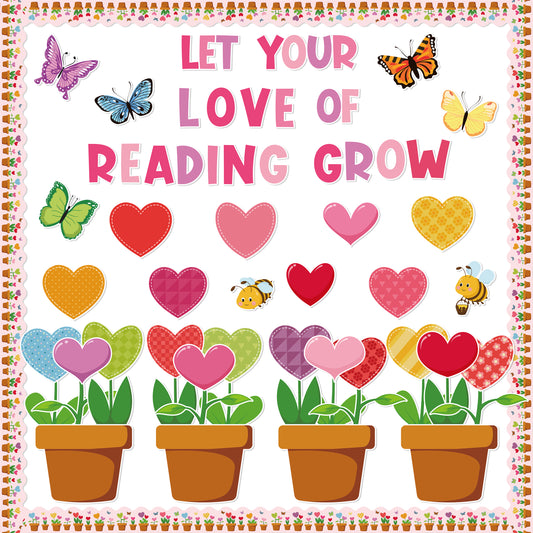 AsodSway 144P Valentine's Day Love of Reading Grow Bulletin Board Cut Out Classroom Decor, Valentine's Colorful Hearts Butterfly School Craft Projects, Wedding Anniversary Birthday Party Wall Decor