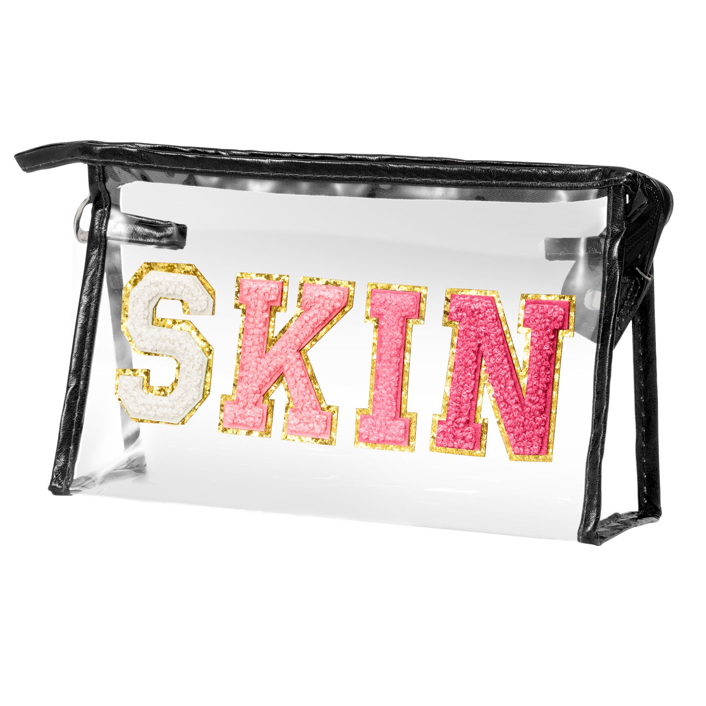 AsodSway Gradual Rose SKIN Cosmetic Bag - Varsity Patch SKIN Letter Cosmetic Bag Classy Waterproof Portable Transparent Black Frame PVC Zipper Clutch Bag Travel Summer Party Makeup Bag for Women Girls