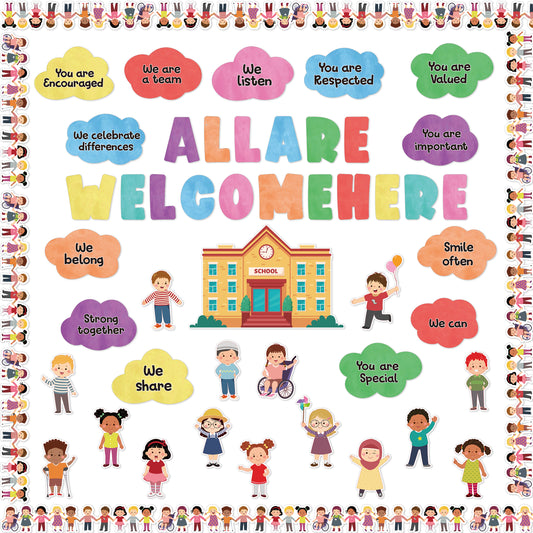 131P All are Welcome Diversity Classroom Bulletin Board Cutouts Decorations School Inspirational Words Diverse Students Borders Cut Outs for School Classroom Home Party Welcome Back to School Supplies