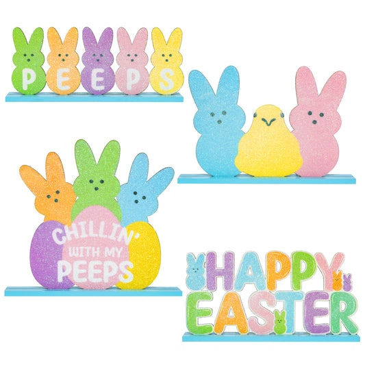 AsodSway 4Pcs Easter Spring Peeps Glitter Chick Bunny Rabbit Colorful Wooden Centerpieces Table Decorations Happy Easter Rabbit Chick Tiered Tray Decor Spring Rustic Farmhouse Home Kitchen Table Sign
