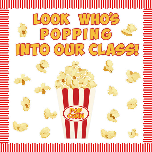 113Pcs Popcorn Bulletin Board Back to School Decoration Cutouts Set With Look Who’s Popping Into Our Class and Popcorn Pattern to Welcome New Student in Classroom Or Home Decoration