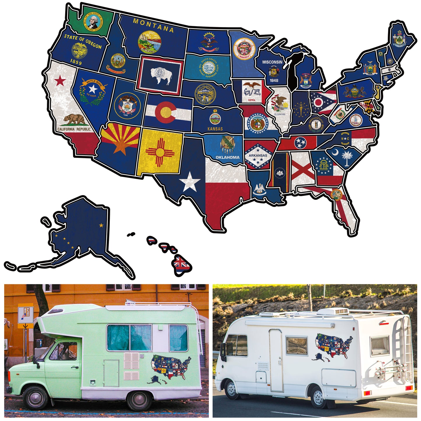 3Pcs RV State Flags Travel USA Map Sticker, United States Flags Stickers Vinyl Map RV Decals Travel Trailer Camper Map of America Waterproof Decals for Window, Door or Wall, States Flags Map Decal Trip Camper Trailer Accessories