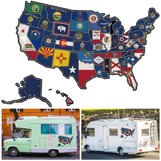 3Pcs RV State Flags Travel USA Map Sticker, United States Flags Stickers Vinyl Map RV Decals Travel Trailer Camper Map of America Waterproof Decals for Window, Door or Wall, States Flags Map Decal Trip Camper Trailer Accessories