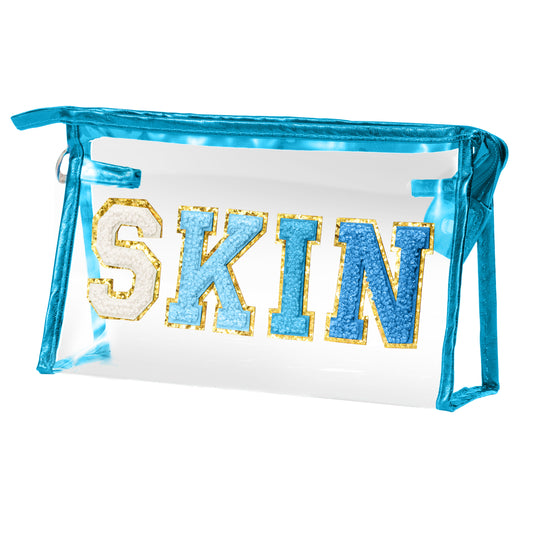 AsodSway Gradual Blue SKIN Cosmetic Bag - Varsity Patch SKIN Letter Cosmetic Bag Classy Waterproof Portable Transparent Azure Frame PVC Zipper Clutch Bag Travel Summer Party Makeup Bag for Women Girls
