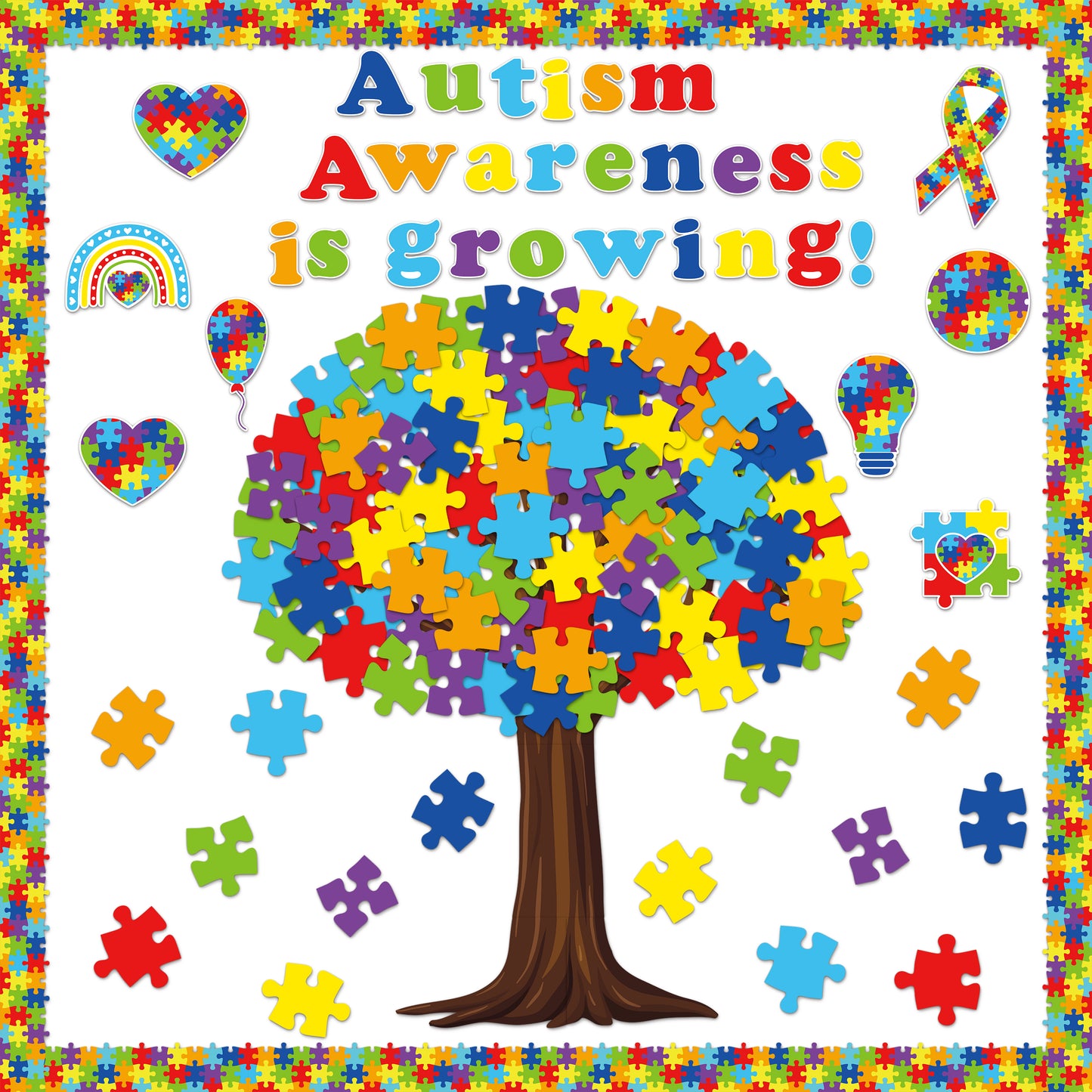 159Pcs Autism Awareness Bulletin Board Decoration Cutouts Set Contain Puzzles, Autism Pattern, Trees, Border with Characters About Motivational Autism Party Awareness Fit Right in Classroom Decoration