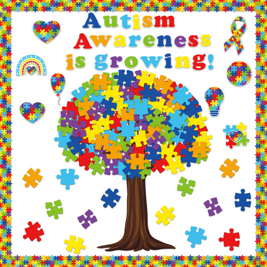 159Pcs Autism Awareness Bulletin Board Decoration Cutouts Set Contain Puzzles, Autism Pattern, Trees, Border with Characters About Motivational Autism Party Awareness Fit Right in Classroom Decoration