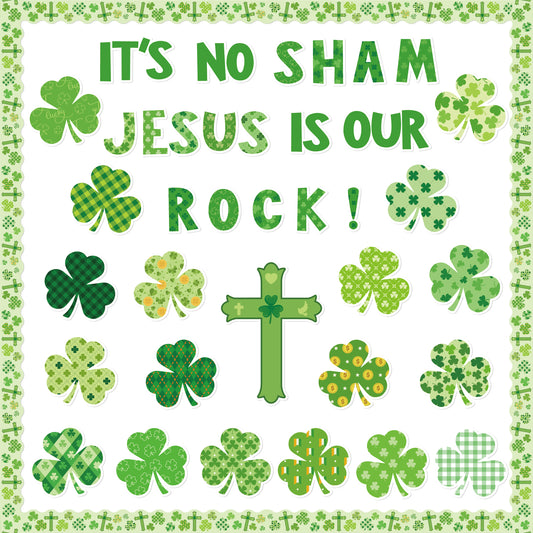 114Pcs Religious Sunday School ST.Patrick It's No Sham Jesus is Our Rock Bulletin Board Decoration Set Contain Three Leaf Clovers Crosses Border Religions Character Happy Party Classroom Decoration