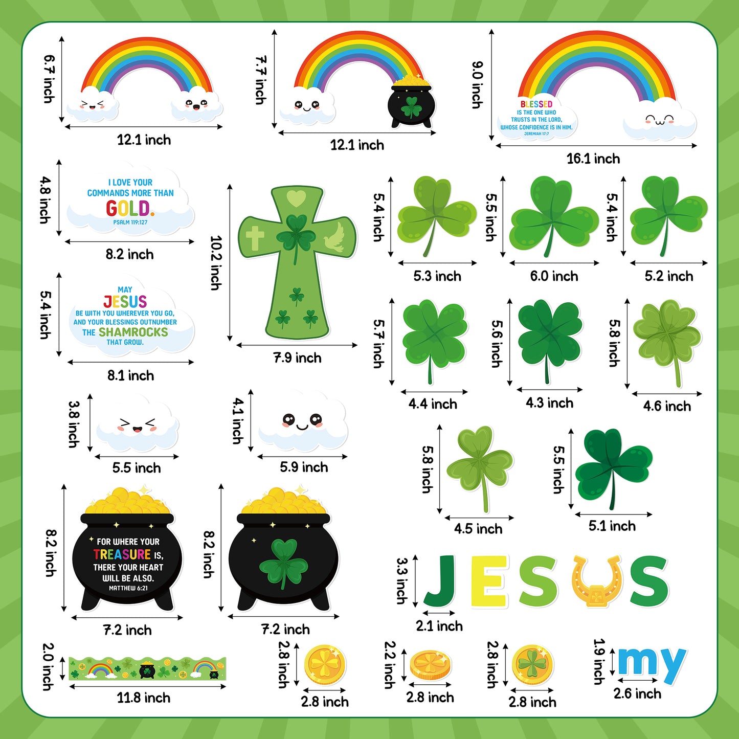 123Pcs Religious Sunday School ST.Patrick Jesus is My Pot of God Shamrock Rainbow Bulletin Board Decoration Set Contain Leaf Clovers Rainbow Border Religions Character Happy Party Classroom Decoration