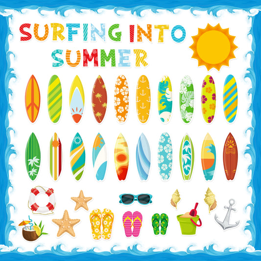 110Pcs Summer Surfboard Surfing Bulletin Board Cutouts Border Set Surfing Into Summer Classroom Decoration Summer Hawaiian Ocean Beach Accents Cutouts for School Teacher Supplies Summer Party Favors