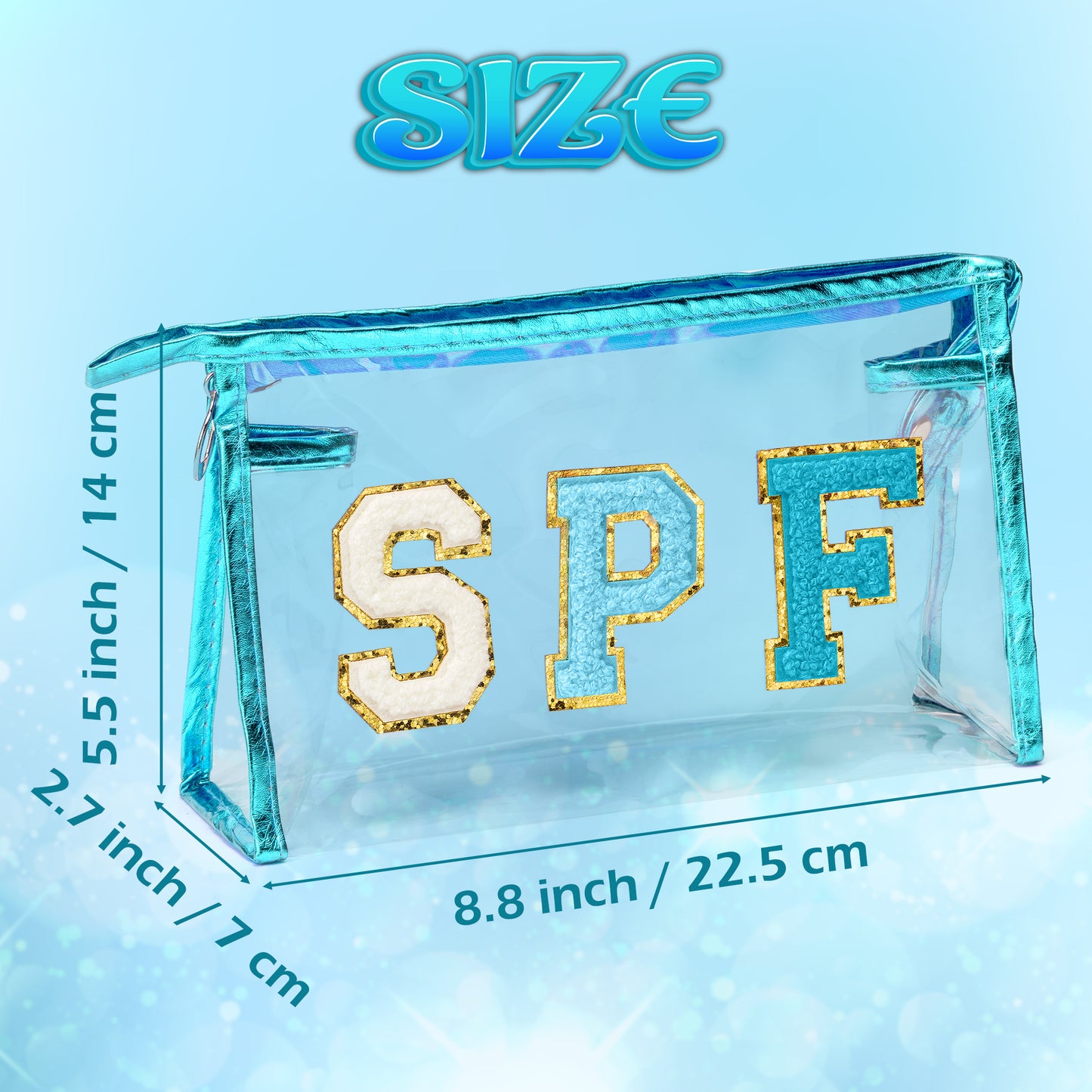 Preppy Patch Azure SPF Varsity Letter Cosmetic Bag Aesthetic Waterproof Portable Cosmetic Bag Transparent PVC Zipper Bag Daily Use Clutch Purse Travel Party Makeup Bag for Women Girls (Sky Blue)