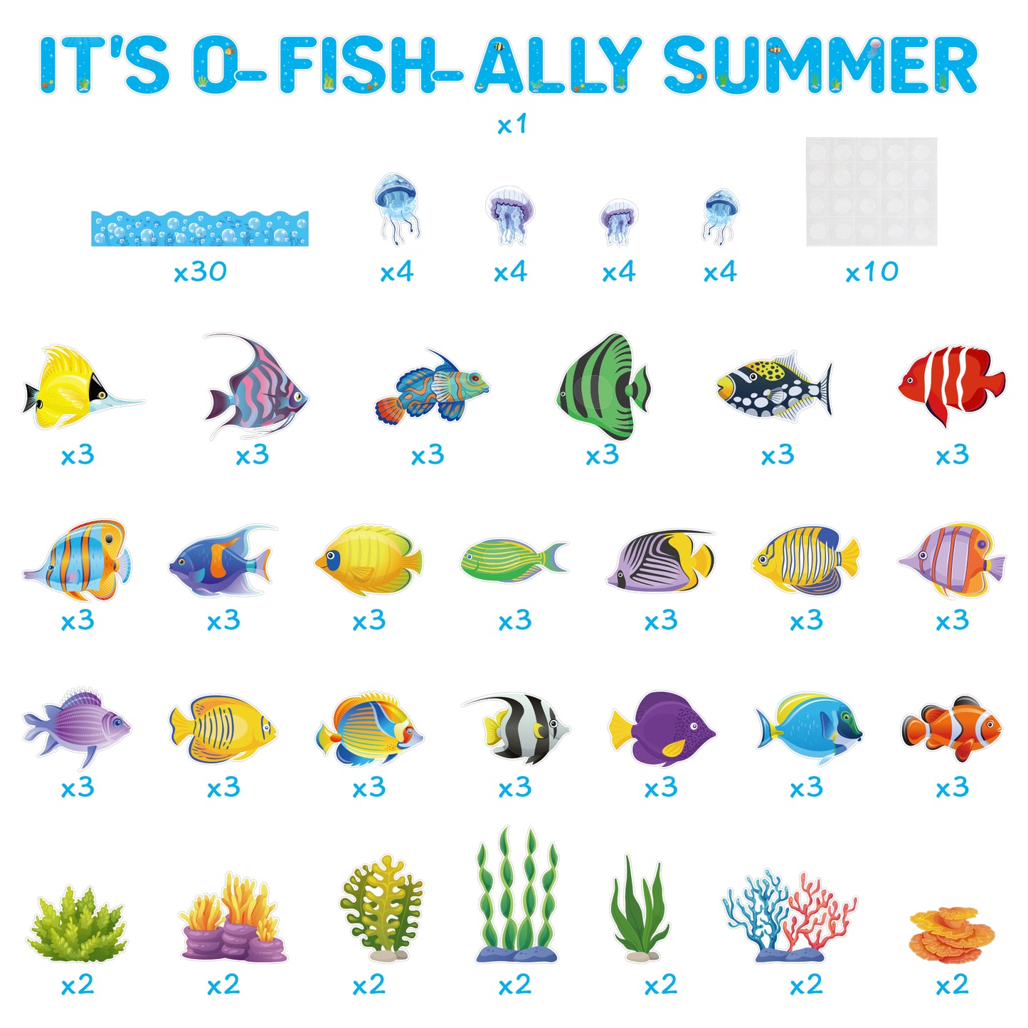 151Pcs Summer Fish Ocean Bulletin Board Cutouts Border Set, Fish All Summer Classroom Decoration Ocean Sea Fish Coral Seaweed Jellyfish Cutouts for School Teacher Student Chalkboard Wall Decor
