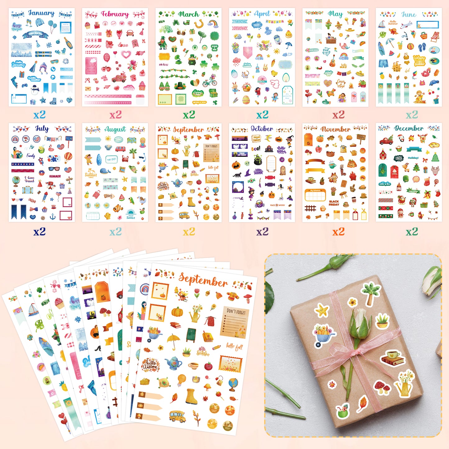 24 Sheets Daily Planners Sticker Holiday Seasonal Planner Sticker, 12 Months Celebrations Planner Cute Stickers for Holiday Seasonal Calendar Planning Decorating Scrapbooking Journal Diary Notepad