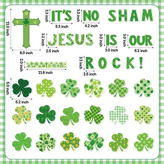 114Pcs Religious Sunday School ST.Patrick It's No Sham Jesus is Our Rock Bulletin Board Decoration Set Contain Three Leaf Clovers Crosses Border Religions Character Happy Party Classroom Decoration