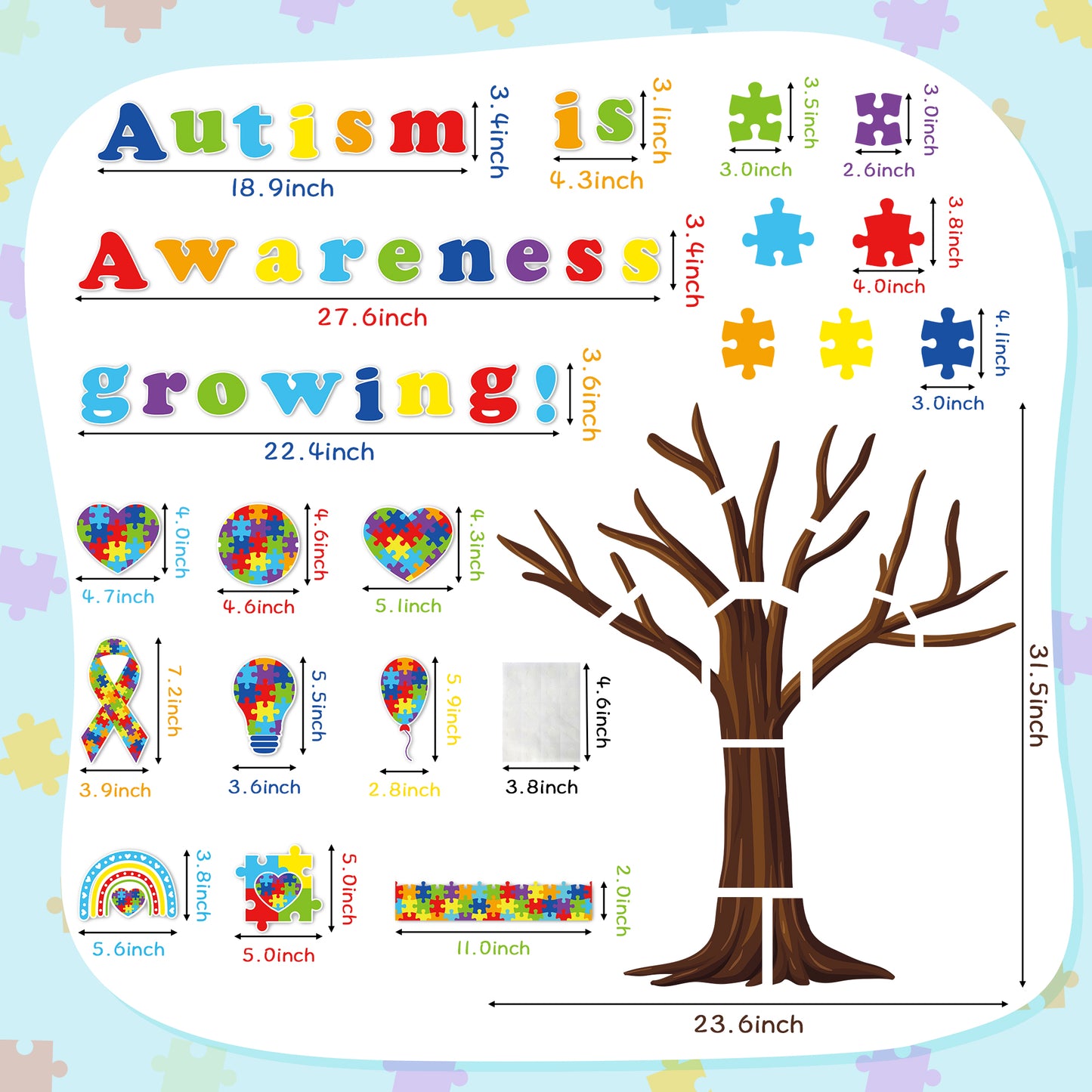 159Pcs Autism Awareness Bulletin Board Decoration Cutouts Set Contain Puzzles, Autism Pattern, Trees, Border with Characters About Motivational Autism Party Awareness Fit Right in Classroom Decoration