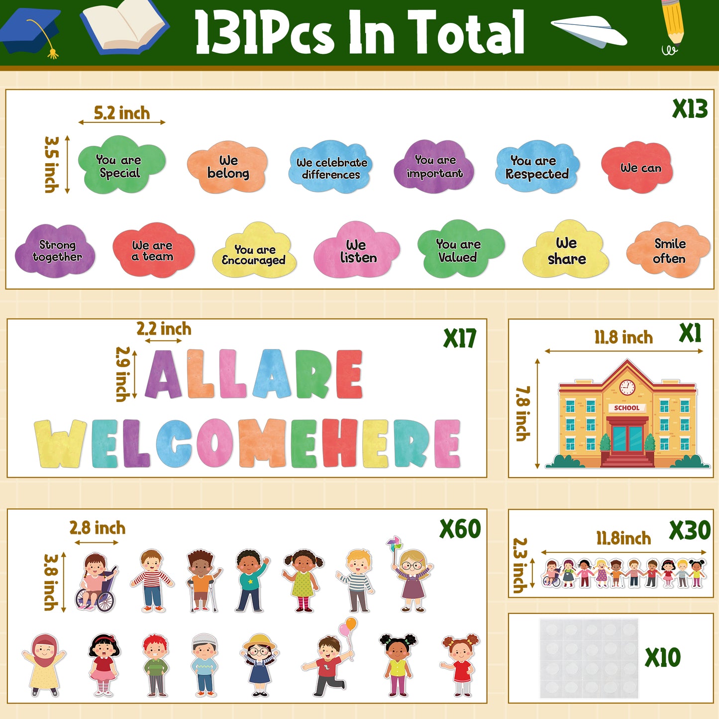 131P All are Welcome Diversity Classroom Bulletin Board Cutouts Decorations School Inspirational Words Diverse Students Borders Cut Outs for School Classroom Home Party Welcome Back to School Supplies