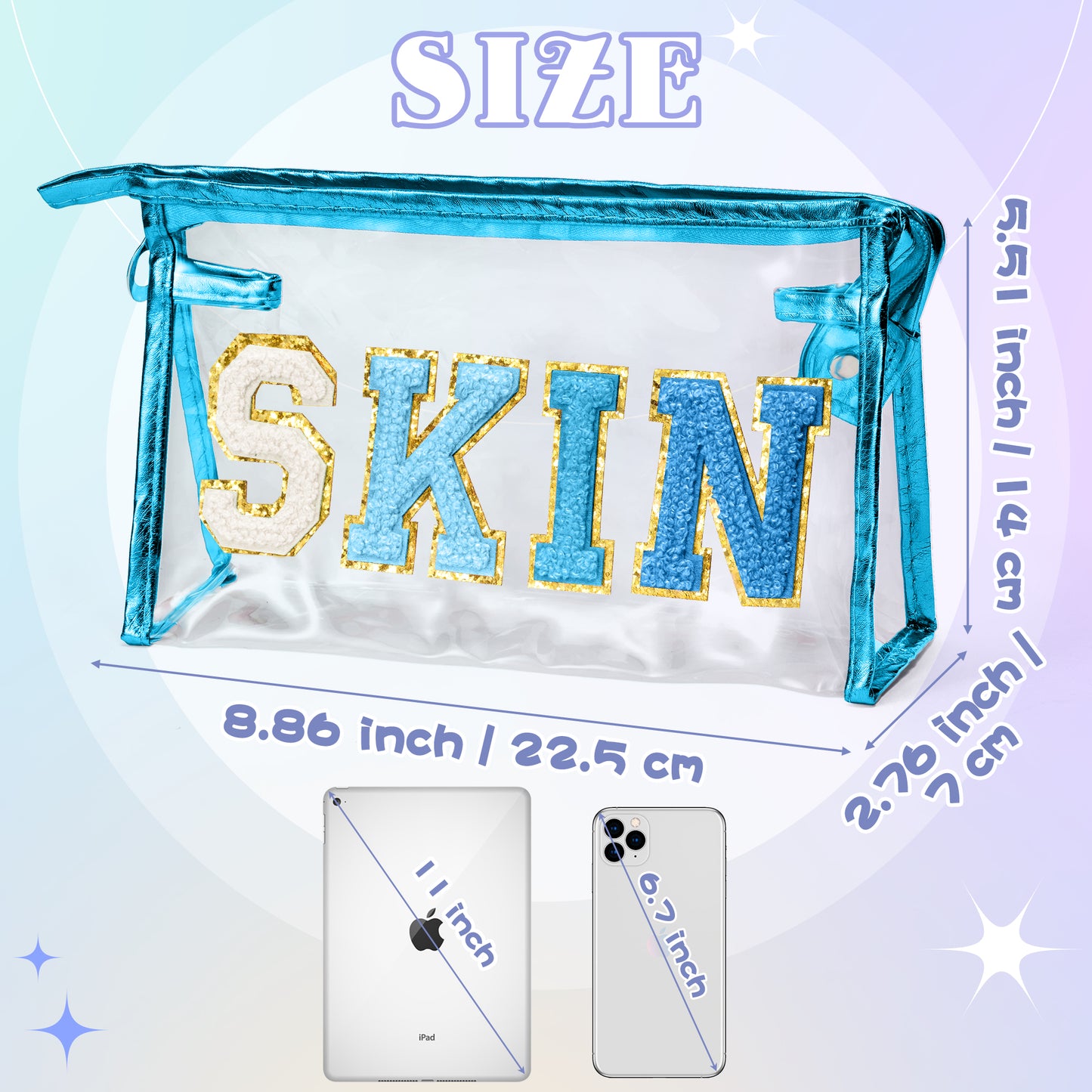 AsodSway Gradual Blue SKIN Cosmetic Bag - Varsity Patch SKIN Letter Cosmetic Bag Classy Waterproof Portable Transparent Azure Frame PVC Zipper Clutch Bag Travel Summer Party Makeup Bag for Women Girls