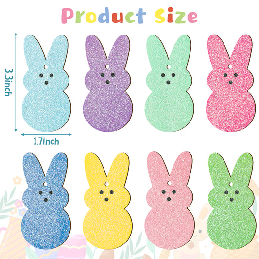 AsodSway 37Pcs Easter Colorful Glitter Bunny Rabbit Wood Hanging Ornament Decorations, Easter Party Tree Home Door Ornament with String Happy Easter Decor Tropical Painted Themed Party Supplies