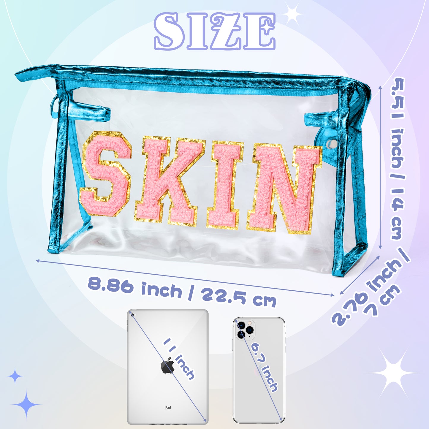 AsodSway Pink SKIN Cosmetic Bag - Varsity Patch SKIN Letter Spring Cosmetic Bag Classy Waterproof Portable Transparent Azure Frame PVC Zipper Clutch Bag Summer Travel Party Makeup Bag for Women Girls
