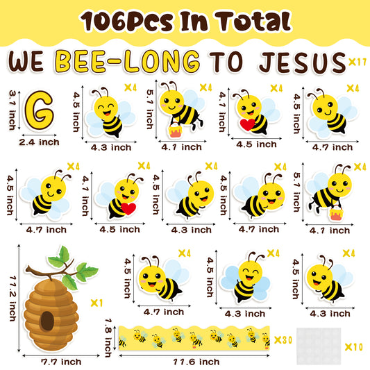 106Pcs Bee Jesus Religious Bulletin Board Cutouts Back to School Bee Honeycomb Christian Theme Name Tags Labels Classroom Decoration Cut Outs Trim Borders for Teacher Student Back to School Supplies