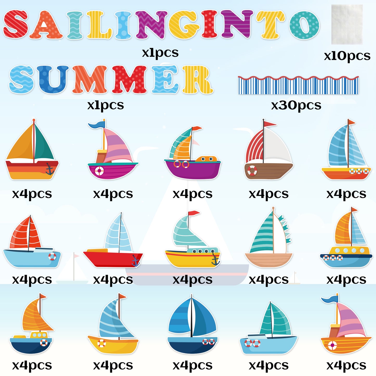 117Pcs Sailing Into Summer Cutouts Summer Sailboat Bulletin Board Cut Outs Classroom Decoration, Hello Summer Ocean Theme Cutouts Trim Borders, DIY Sailboat for School Classroom Teacher Supplies