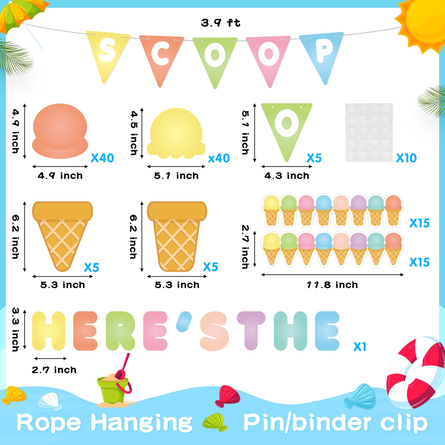 144Pcs Summer Ice Cream Bulletin Board Decoration Cutouts Border Set Contain Ice Cream Top and Cone, Border, Flag with Characters About Happy Summer Holiday Party and Classroom Decoration