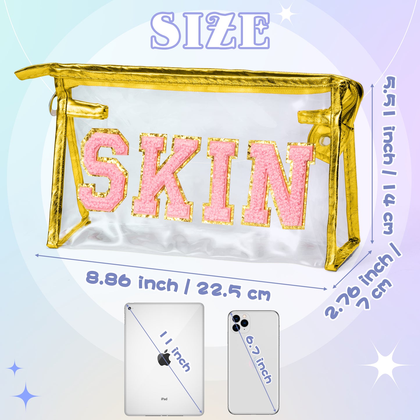 AsodSway Pink SKIN Cosmetic Bag - Varsity Patch SKIN Letter Spring Cosmetic Bag Classy Waterproof Portable Transparent Gold Frame PVC Zipper Clutch Bag Summer Travel Party Makeup Bag for Women Girls