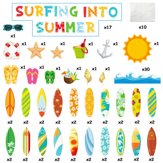 110Pcs Summer Surfboard Surfing Bulletin Board Cutouts Border Set Surfing Into Summer Classroom Decoration Summer Hawaiian Ocean Beach Accents Cutouts for School Teacher Supplies Summer Party Favors