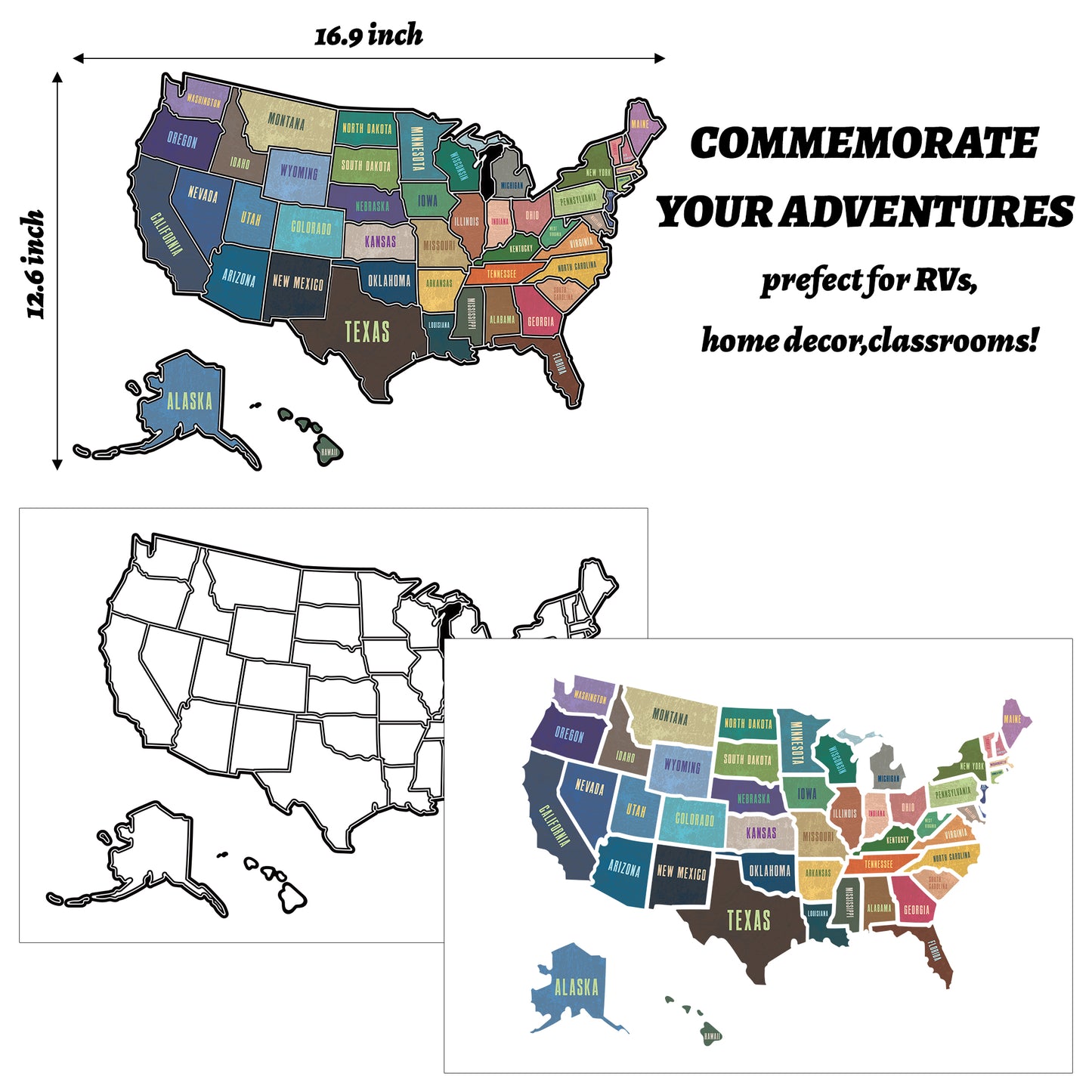 RV State Pure Pattern Travel USA Map Sticker, United States Stickers Vinyl Map RV Decals Travel Trailer Camper Map of America Waterproof Decals for Window, Door or Wall, Pure Pattern States Map Decal Trip Camper Trailer Accessories