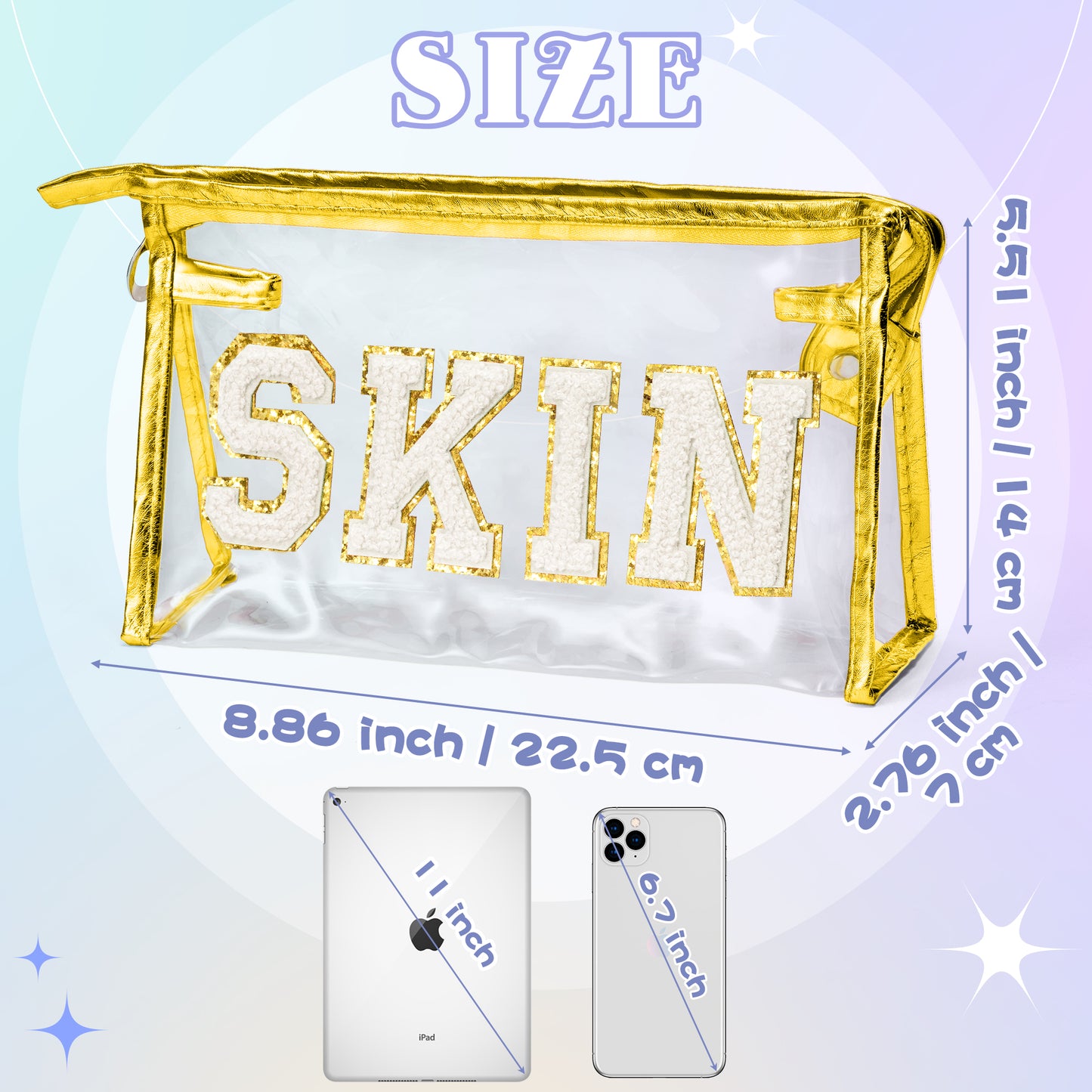 AsodSway White SKIN Cosmetic Bag - Varsity Patch SKIN Letter Spring Cosmetic Bag Classy Waterproof Portable Transparent Gold Frame PVC Zipper Clutch Bag Summer Travel Party Makeup Bag for Women Girls