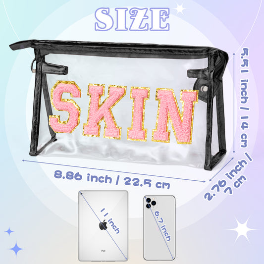 AsodSway Pink SKIN Cosmetic Bag - Varsity Patch SKIN Letter Spring Cosmetic Bag Classy Waterproof Portable Transparent Black Frame PVC Zipper Clutch Bag Summer Travel Party Makeup Bag for Women Girls