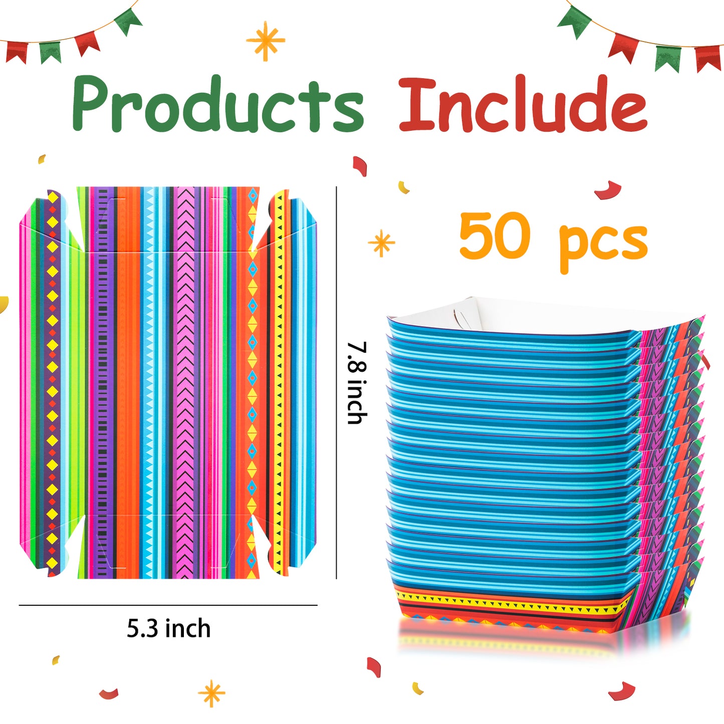 50Pcs Mexican Food Trays Colorful Nacho Paper Food Trays Reusable to Holding Food Resistant to Oil and Dirt, Durable and Unbreakable Good For Concession Stands, food, Snacks, Parties, Festivals