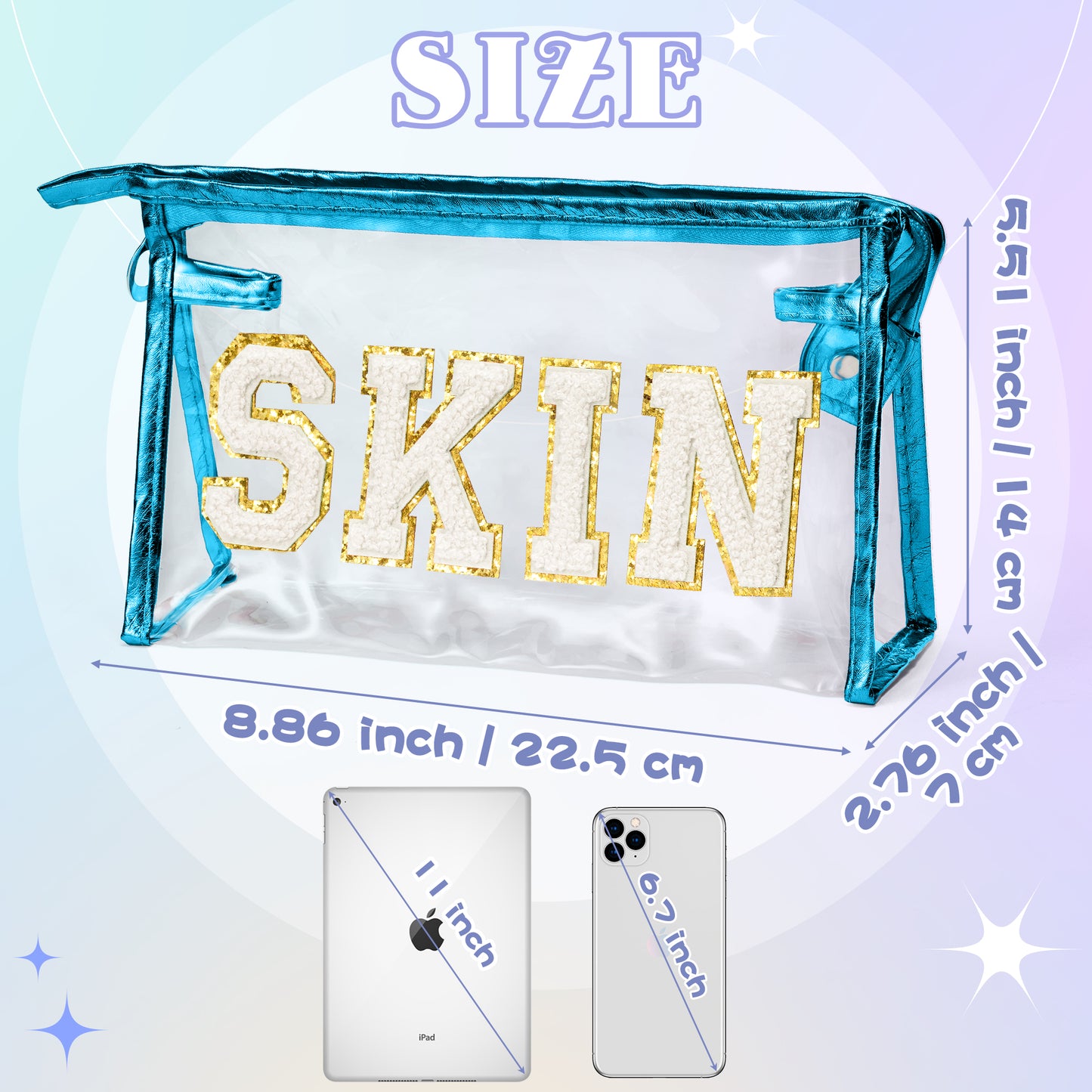 AsodSway White SKIN Cosmetic Bag - Varsity Patch SKIN Letter Spring Cosmetic Bag Classy Waterproof Portable Transparent Azure Frame PVC Zipper Clutch Bag Summer Travel Party Makeup Bag for Women Girls
