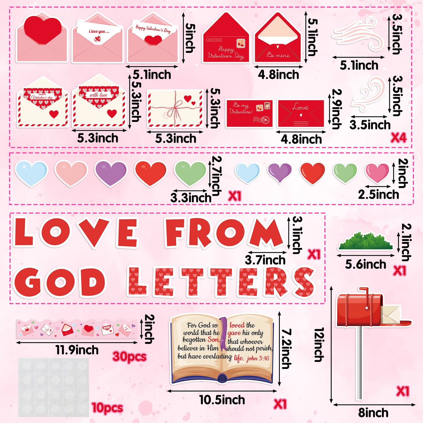 119Pcs Valentine's Day Love Letters From God Bulletin Board Classroom Decoration Sets Contain Envelope Mailbox Heart Border About Valentine Character Happy Coming Valentine Party Classroom Decoration