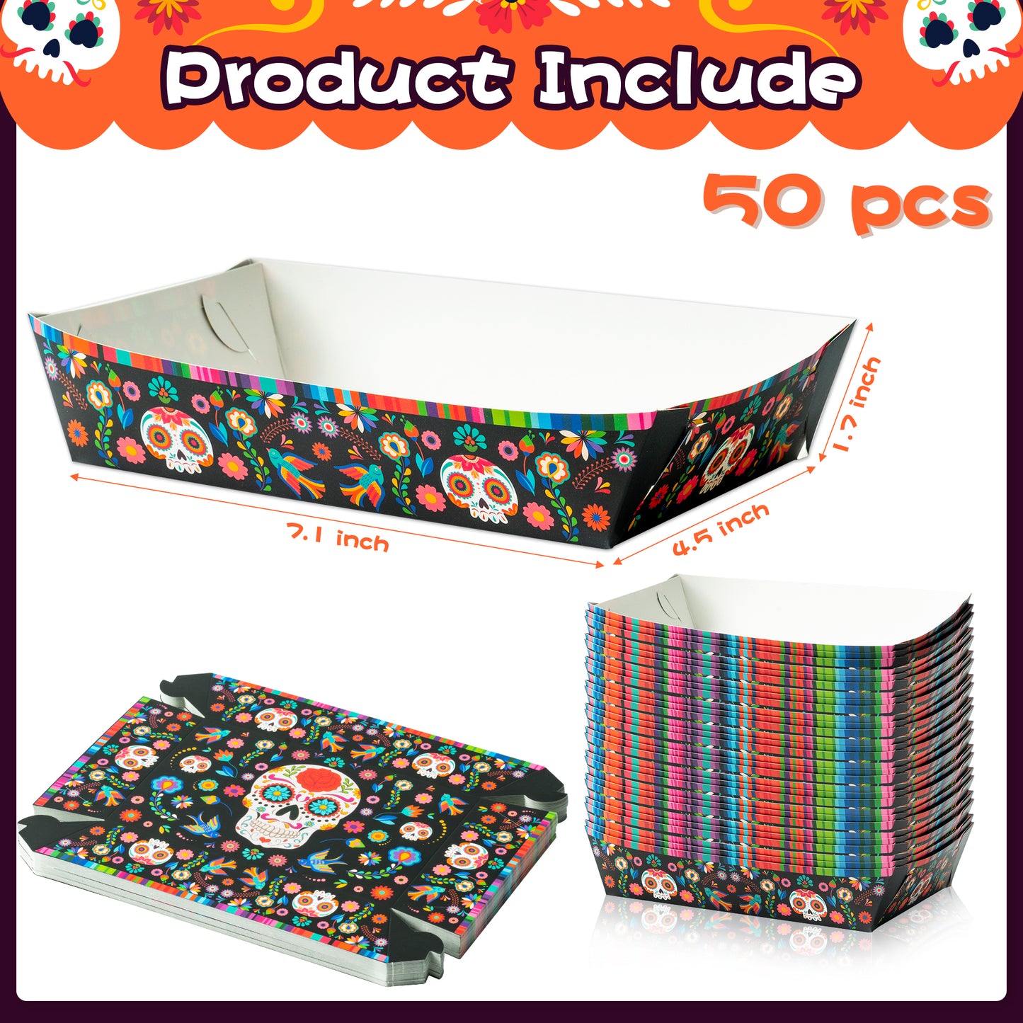 50Pcs Halloween Day of The Dead Food Trays Colorful Skull Element Paper Serving Food Trays Halloween Snack Candy Holder Trays Disposable Popcorn Assembled Trays Food Container Concession Stands