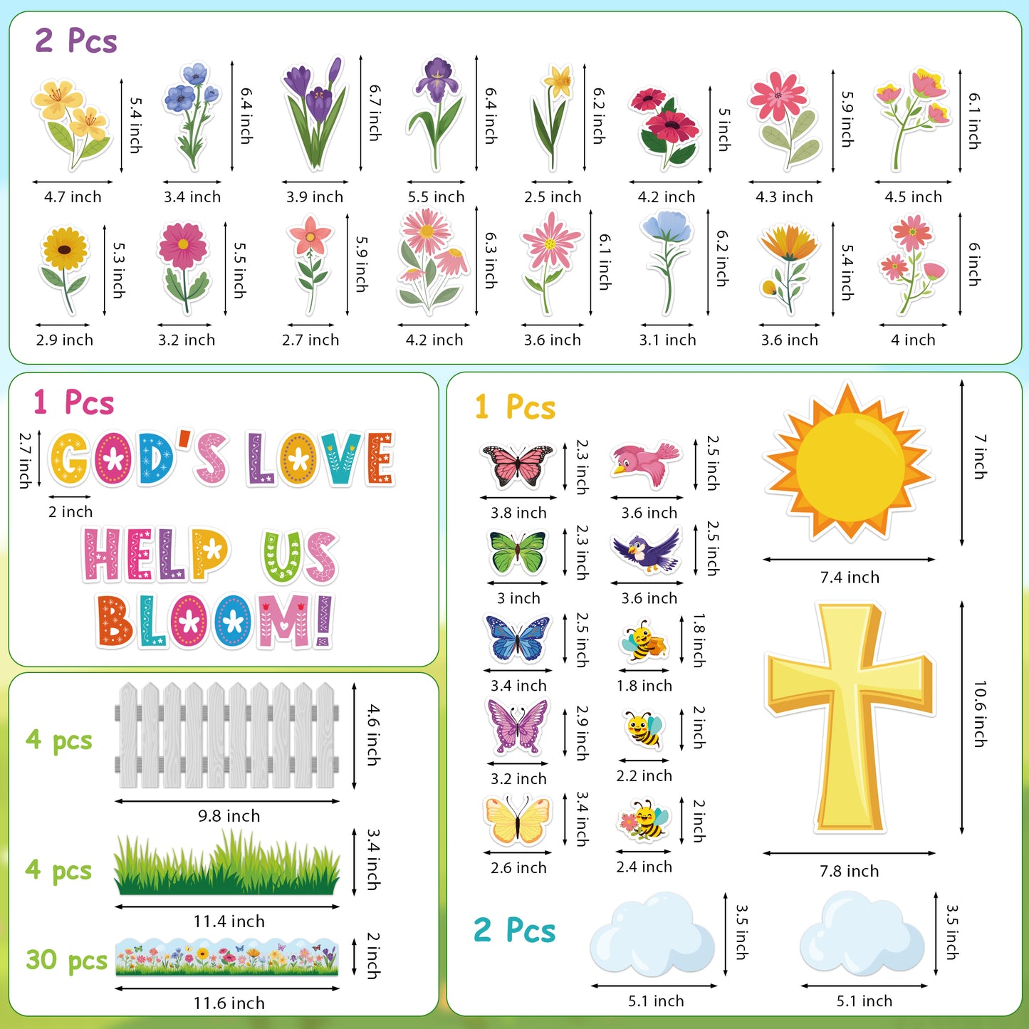 AsodSway 117Pcs Spring God's Love Help Us Bloom Easter Bulletin Board Classroom Decor Set Contain Easter Flower Cross Grass Border Cut Outs and with Easter Character Happy Party and Spring Season
