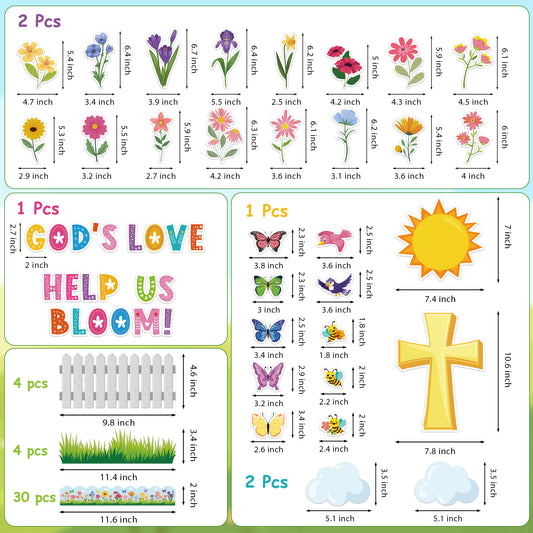 AsodSway 117Pcs Spring God's Love Help Us Bloom Easter Bulletin Board Classroom Decor Set Contain Easter Flower Cross Grass Border Cut Outs and with Easter Character Happy Party and Spring Season