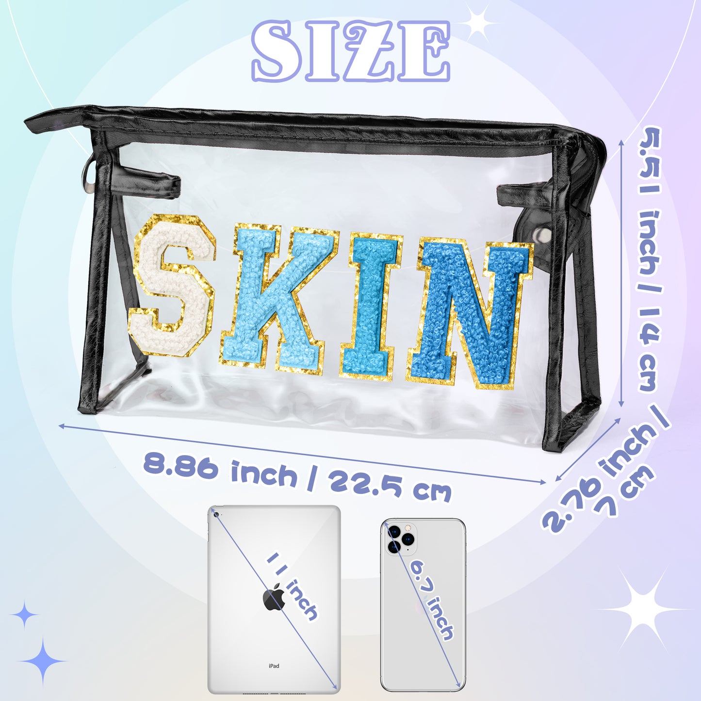 AsodSway Gradual Blue SKIN Cosmetic Bag - Varsity Patch SKIN Letter Cosmetic Bag Classy Waterproof Portable Transparent Black Frame PVC Zipper Clutch Bag Travel Summer Party Makeup Bag for Women Girls
