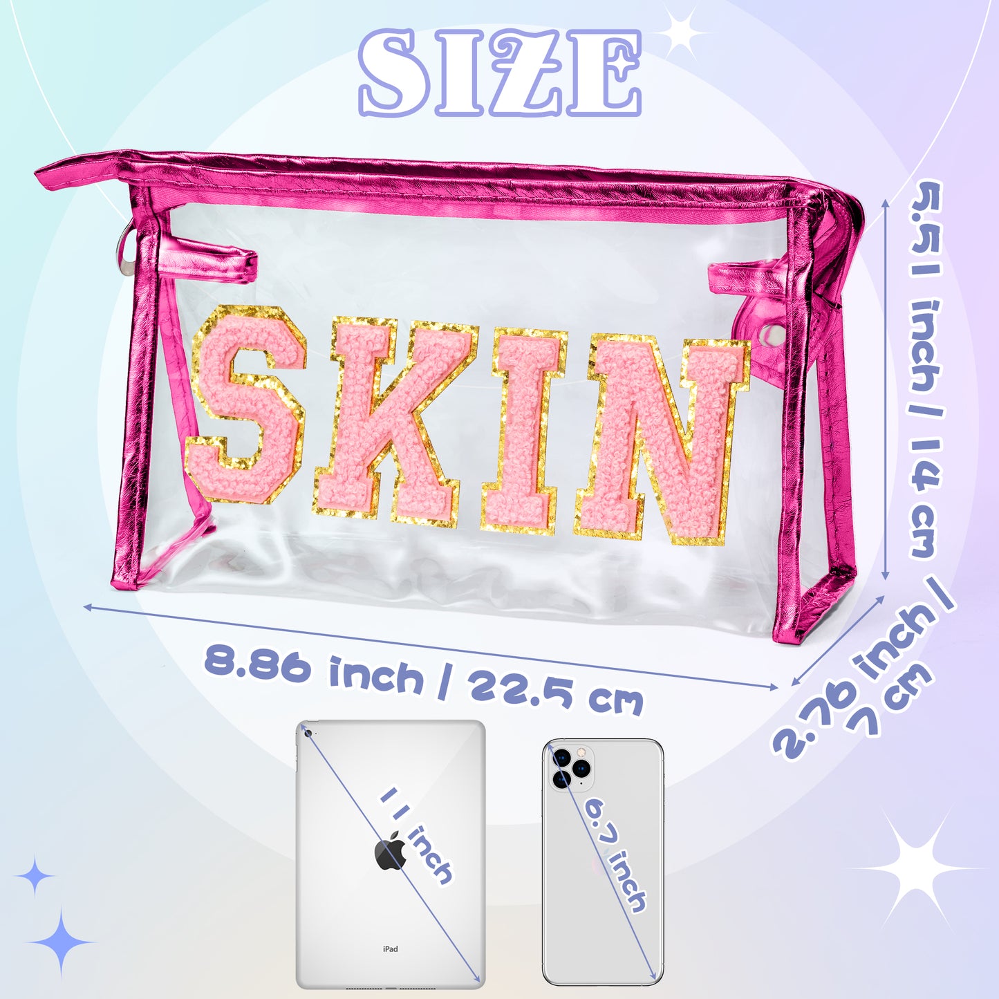 AsodSway Pink SKIN Cosmetic Bag - Varsity Patch SKIN Letter Spring Cosmetic Bag Waterproof Portable Transparent Rose Red Frame PVC Zipper Clutch Bag Summer Travel Party Makeup Bag for Women Girls