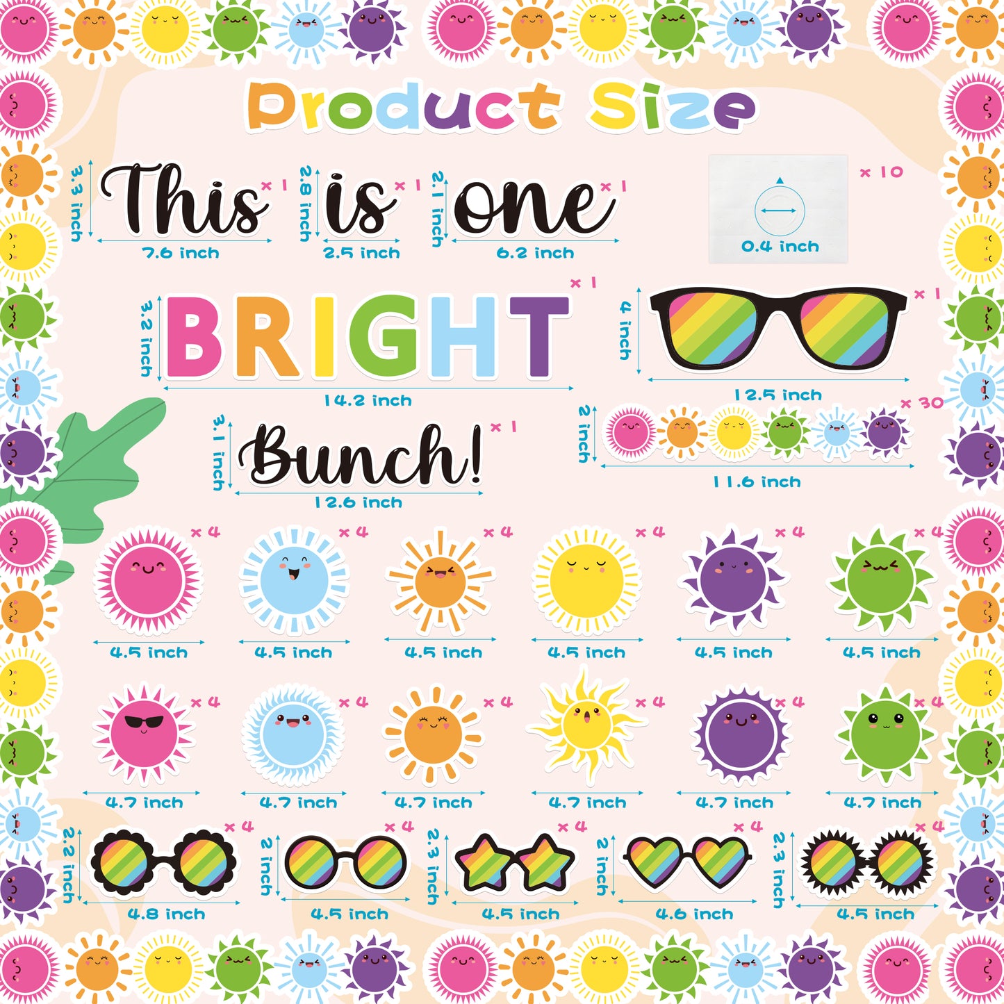 119Pcs Sun Sunglasses Motivational Bulletin Board Back to School Decoration Cutouts With This is One Bright Bunch Characters and sun pattern to Inspire Child Study Hard in Classroom Home Party Decor