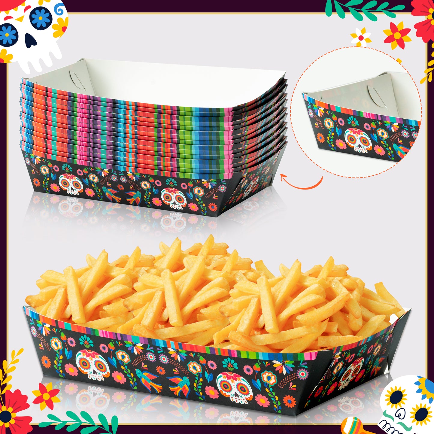 50Pcs Halloween Day of The Dead Food Trays Colorful Skull Element Paper Serving Food Trays Halloween Snack Candy Holder Trays Disposable Popcorn Assembled Trays Food Container Concession Stands
