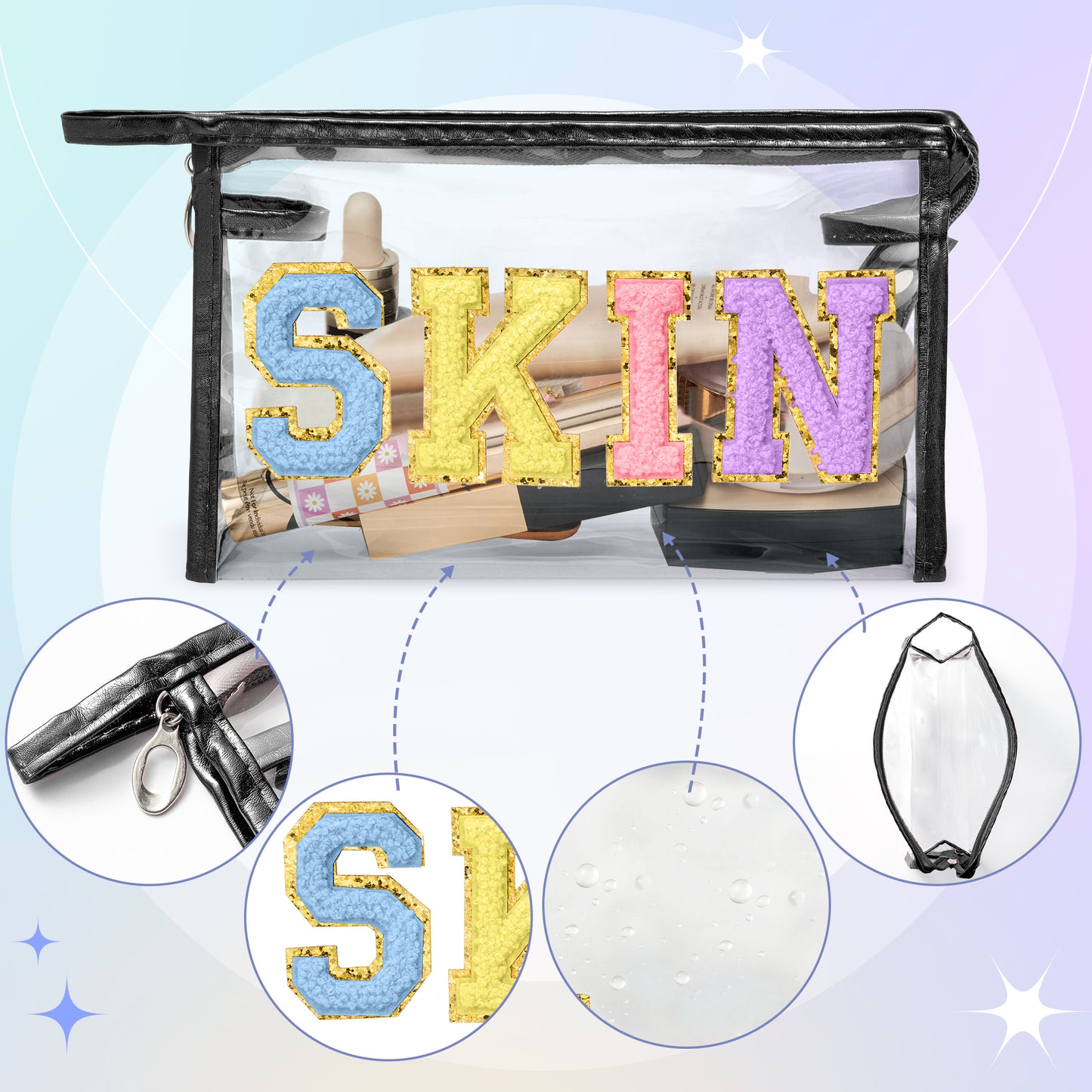 AsodSway Pastel Color SKIN Cosmetic Bag - Varsity Patch SKIN Letter Cosmetic Bag Classy Waterproof Portable Transparent Black Frame PVC Zipper Clutch Bag Travel Summer Party Makeup Bag for Women Girls
