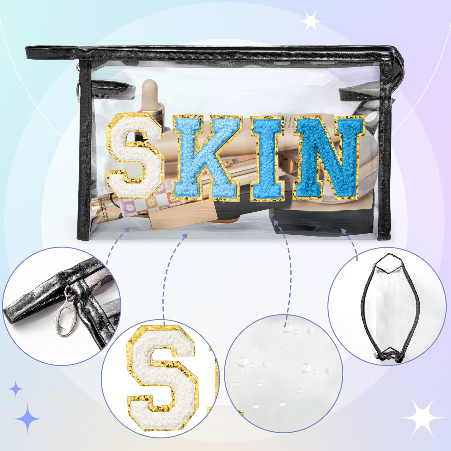 AsodSway Gradual Blue SKIN Cosmetic Bag - Varsity Patch SKIN Letter Cosmetic Bag Classy Waterproof Portable Transparent Black Frame PVC Zipper Clutch Bag Travel Summer Party Makeup Bag for Women Girls