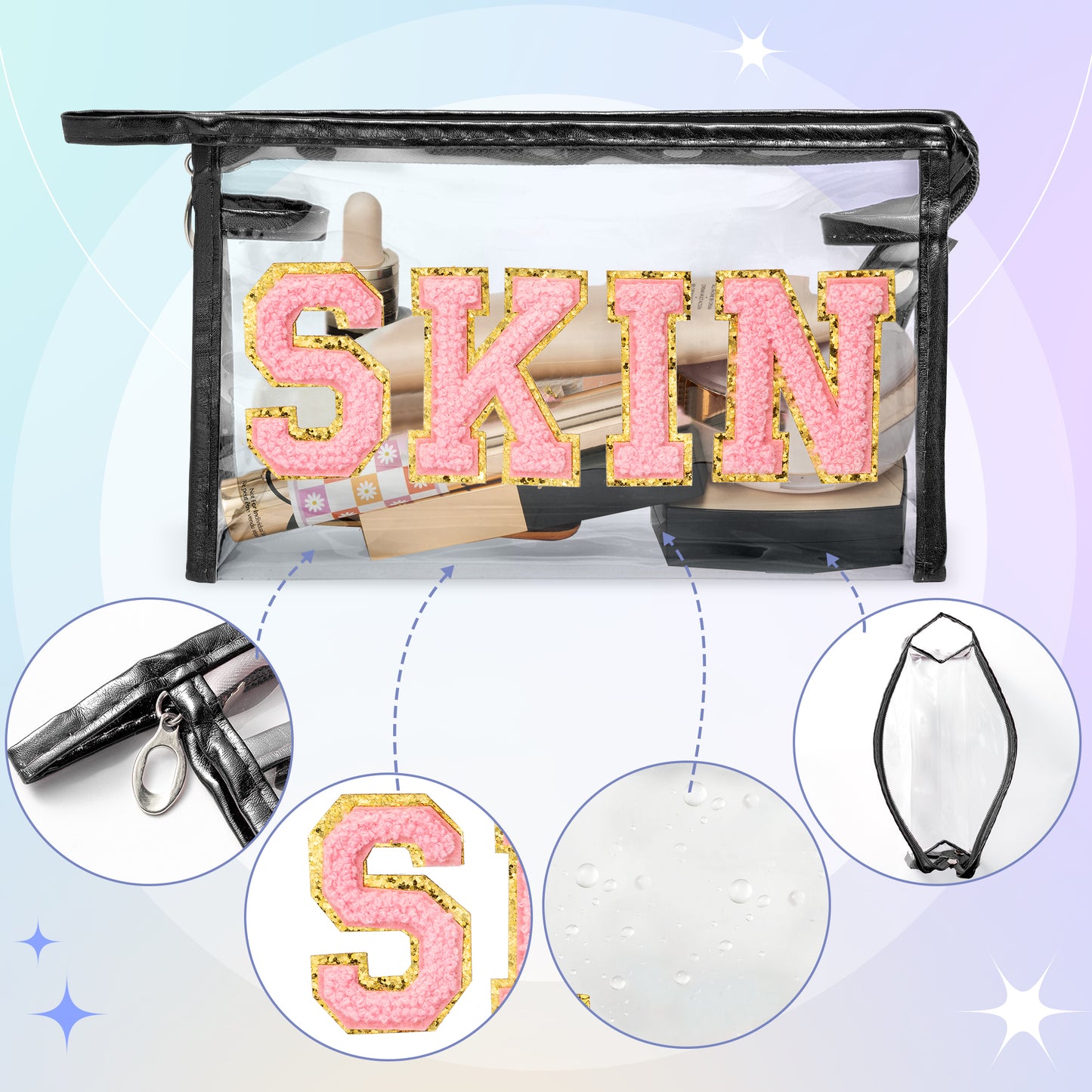 AsodSway Pink SKIN Cosmetic Bag - Varsity Patch SKIN Letter Spring Cosmetic Bag Classy Waterproof Portable Transparent Black Frame PVC Zipper Clutch Bag Summer Travel Party Makeup Bag for Women Girls