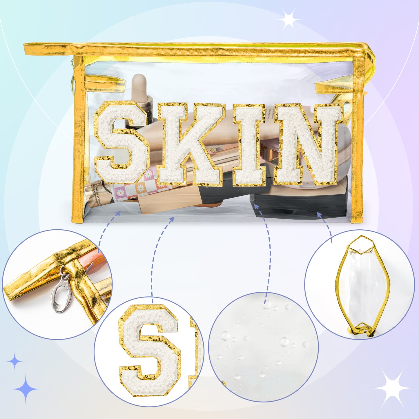 AsodSway White SKIN Cosmetic Bag - Varsity Patch SKIN Letter Spring Cosmetic Bag Classy Waterproof Portable Transparent Gold Frame PVC Zipper Clutch Bag Summer Travel Party Makeup Bag for Women Girls