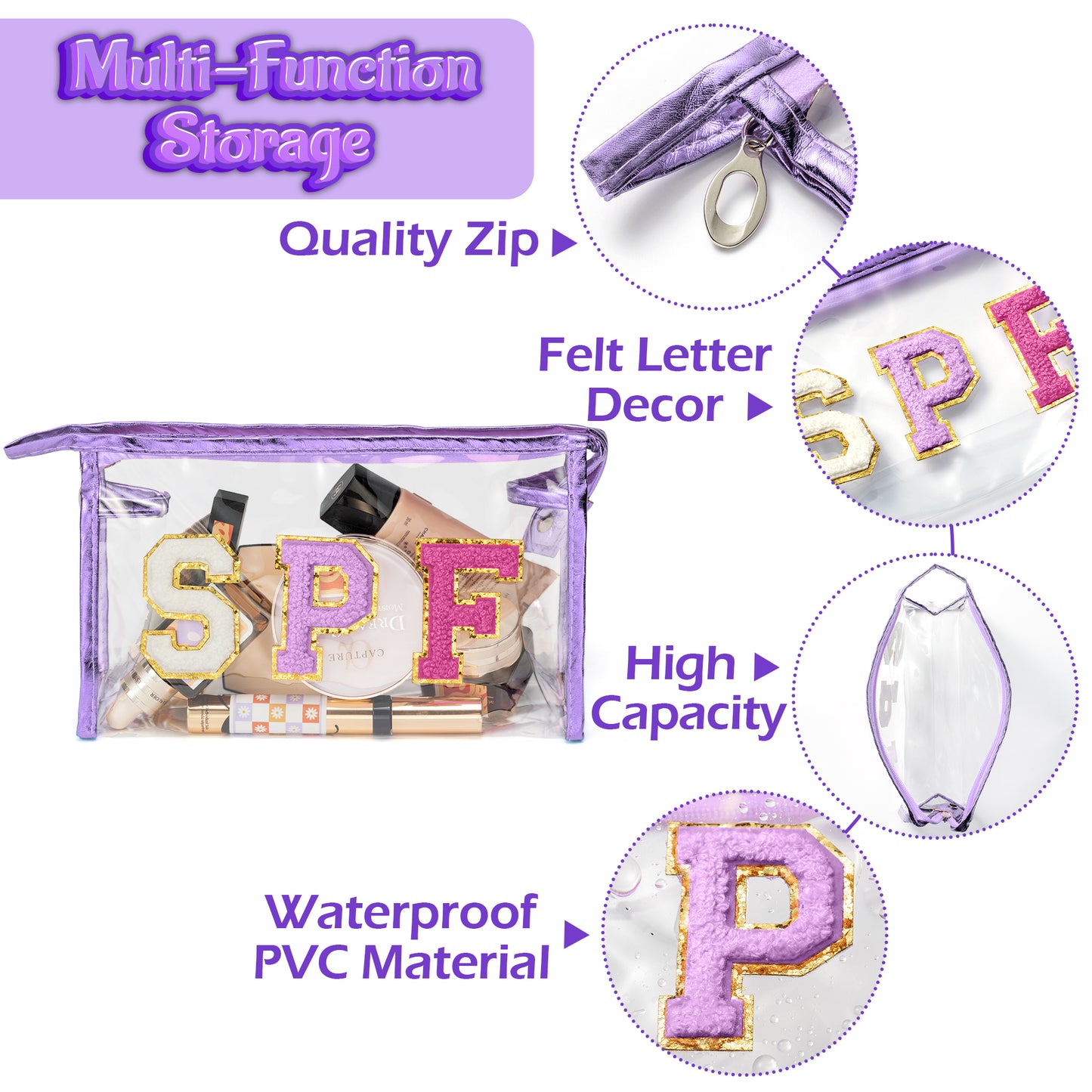 Preppy Patch SPF Cosmetic Bag SPF Varsity Letter Purple Toiletry Bag Summer Beach Pool Aesthetic Waterproof Portable Cosmetic Bag Travel Party Makeup Bag for Women Girls, Mother's Day Birthday Gifts