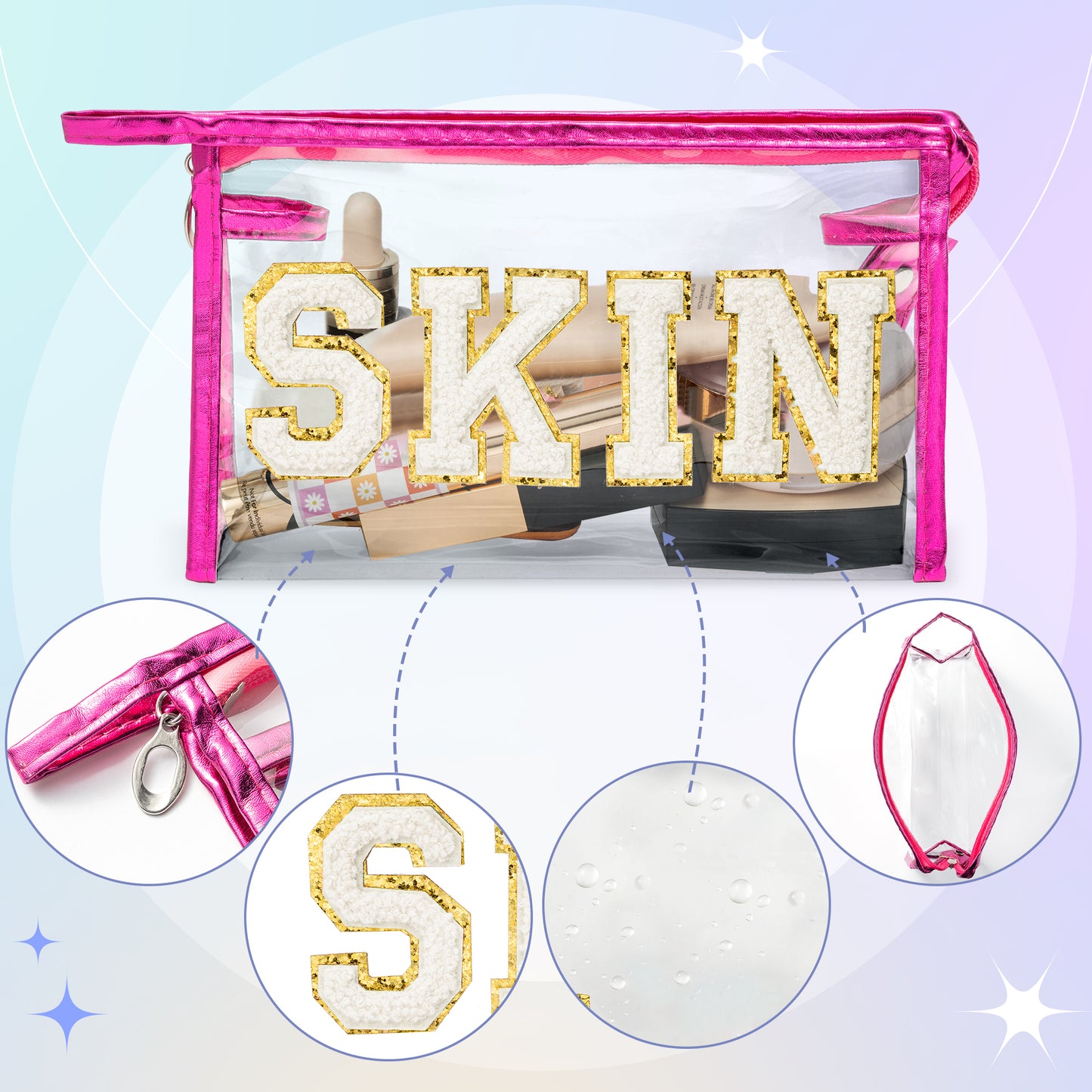 AsodSway White SKIN Cosmetic Bag - Varsity Patch SKIN Letter Spring Cosmetic Bag Waterproof Portable Transparent Rose Red Frame PVC Zipper Clutch Bag Summer Travel Party Makeup Bag for Women Girls