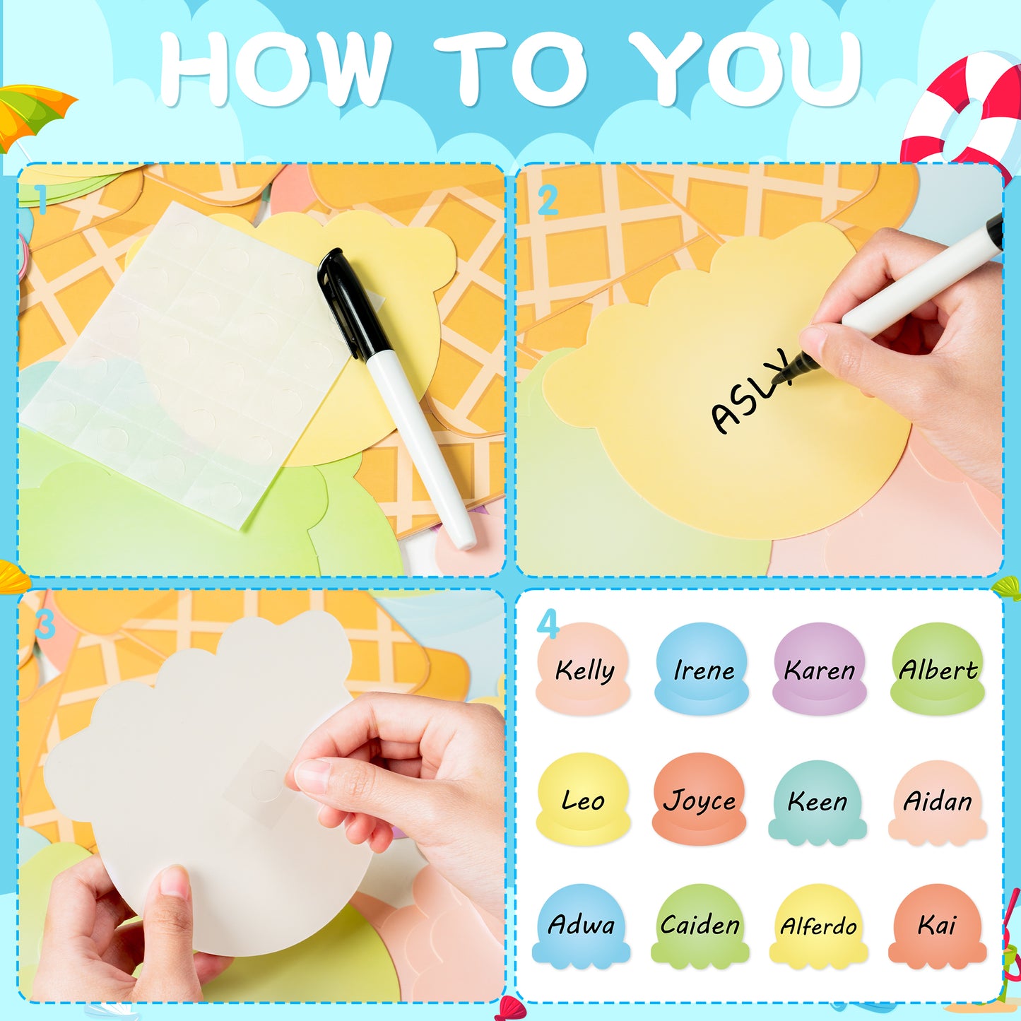 144Pcs Summer Ice Cream Bulletin Board Decoration Cutouts Border Set Contain Ice Cream Top and Cone, Border, Flag with Characters About Happy Summer Holiday Party and Classroom Decoration