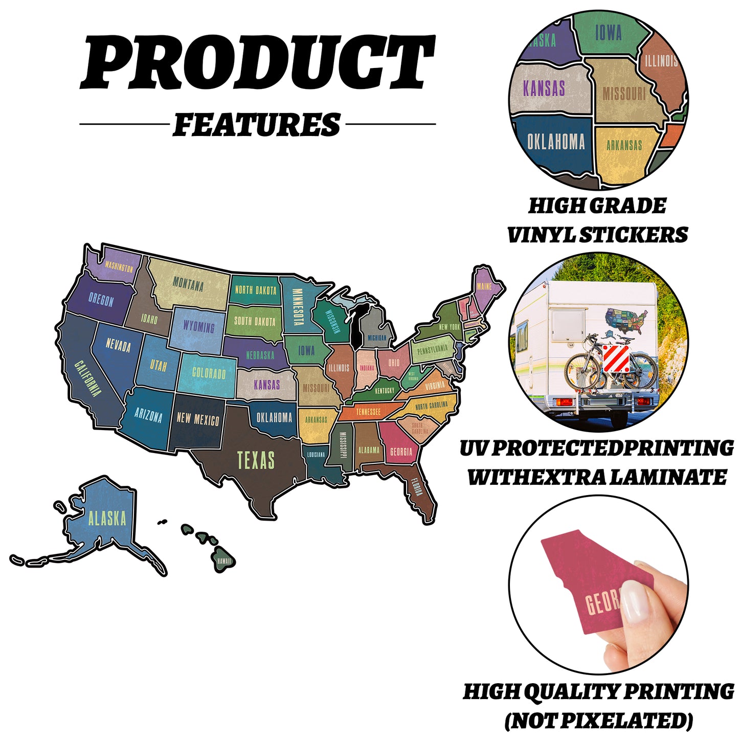 RV State Pure Pattern Travel USA Map Sticker, United States Stickers Vinyl Map RV Decals Travel Trailer Camper Map of America Waterproof Decals for Window, Door or Wall, Pure Pattern States Map Decal Trip Camper Trailer Accessories