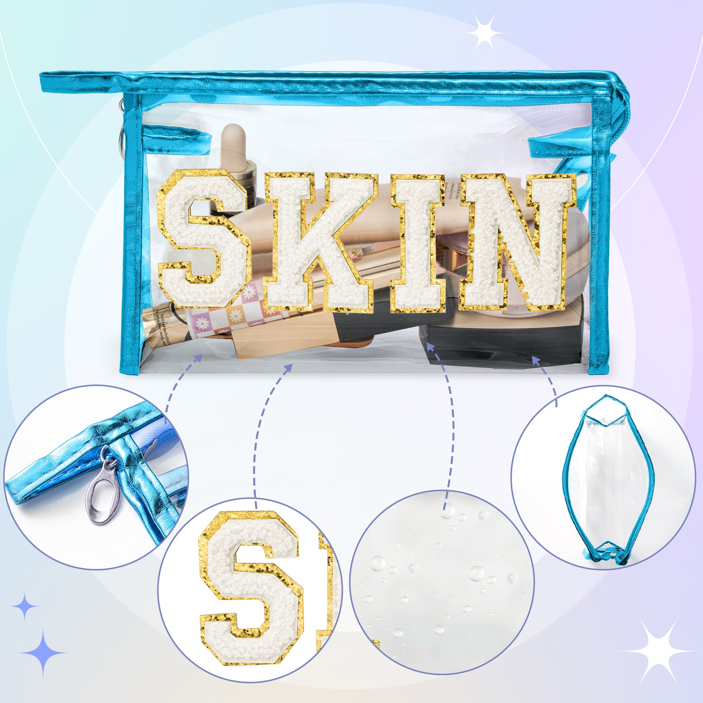 AsodSway White SKIN Cosmetic Bag - Varsity Patch SKIN Letter Spring Cosmetic Bag Classy Waterproof Portable Transparent Azure Frame PVC Zipper Clutch Bag Summer Travel Party Makeup Bag for Women Girls